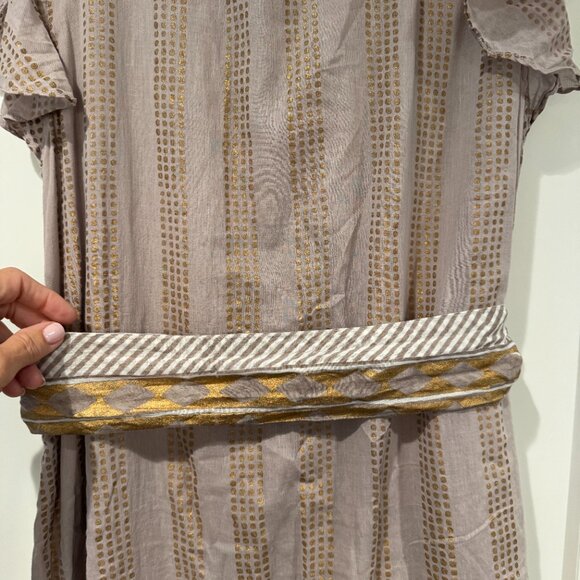 Oliphant Grey and Gold Flutter Sleeve  Belted Dress - Picture 12 of 14